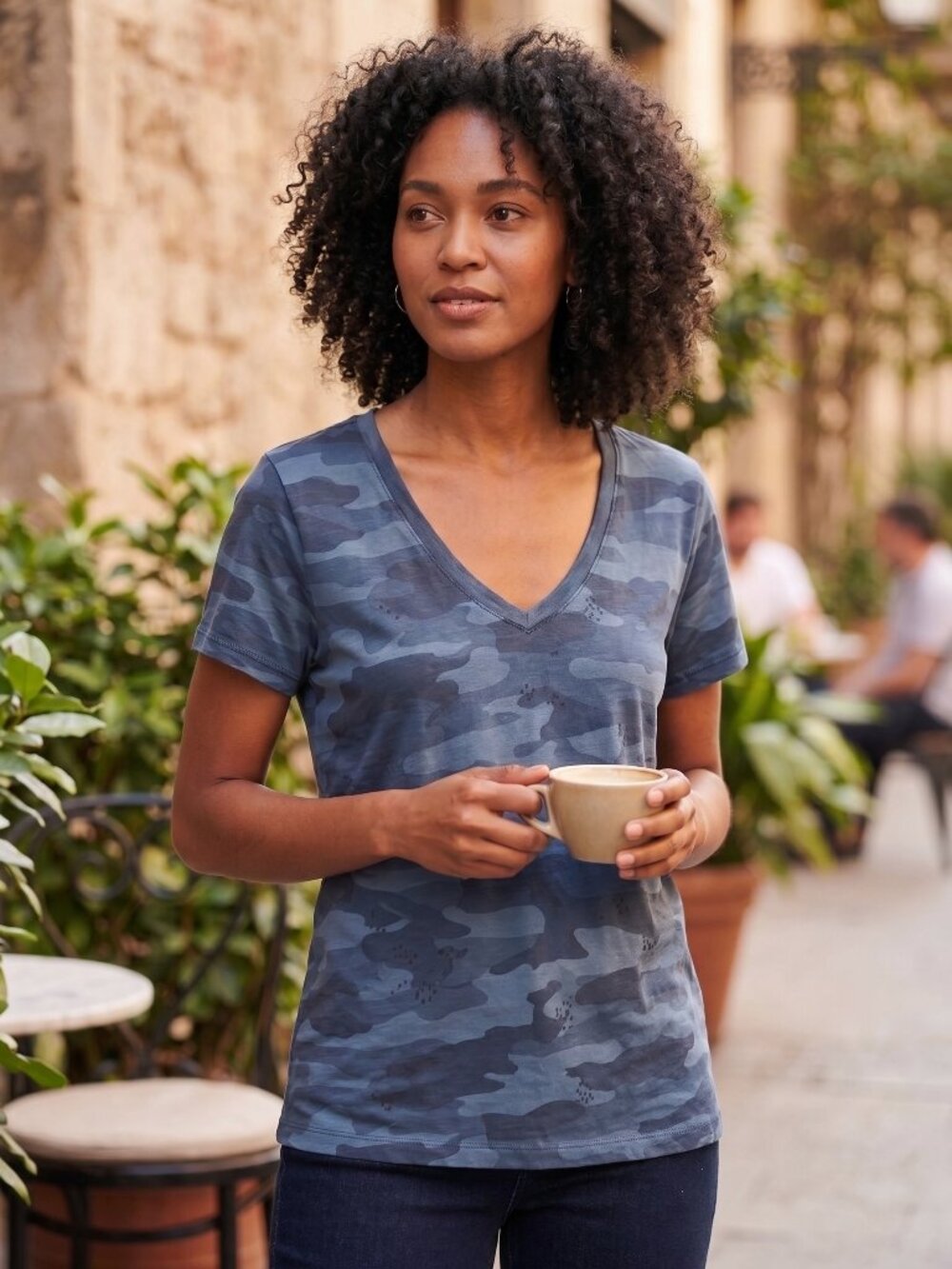 Lucky Brand Blue Camo Burnout V-Neck T-Shirt Short Sleeve Tee NWT Medium M